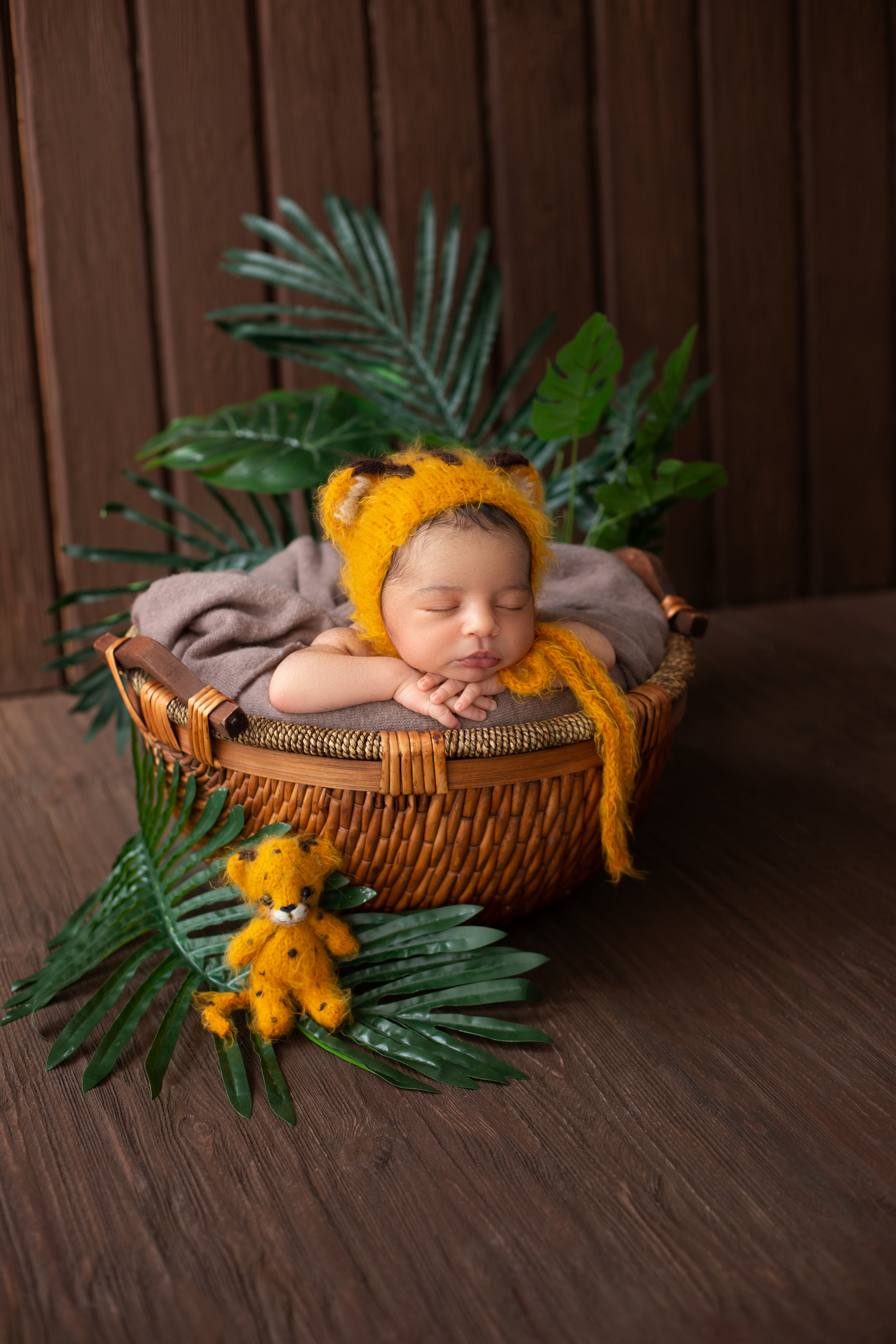 newborn-little-cute-likeable-baby-boy-laying-little-cute-yellow-animal-shaped-hat-inside-brown-basket-along-with-green-leafs-wooden-brown-room